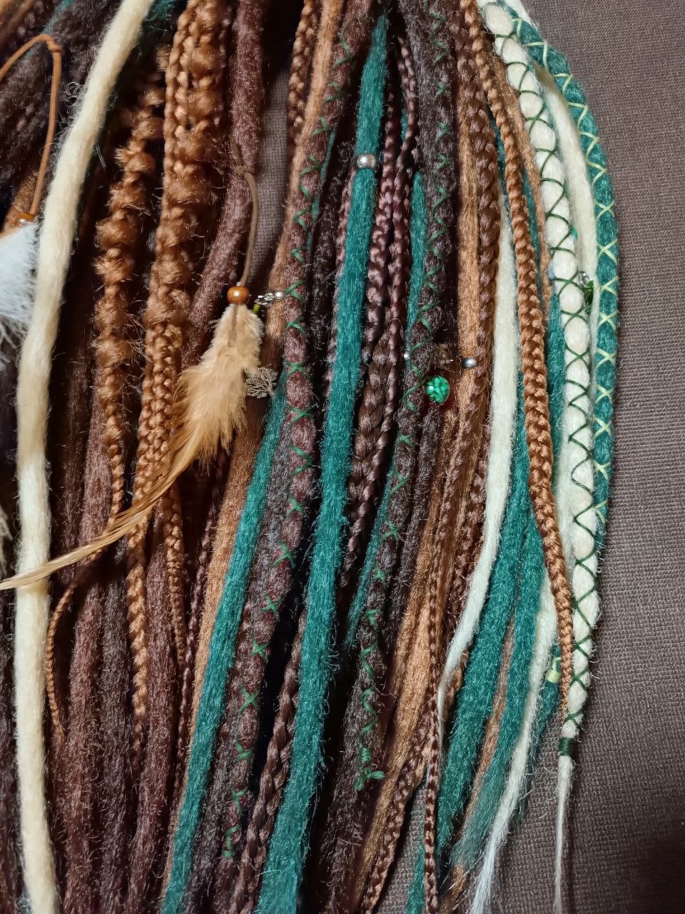 Boho Chic Brown Blond and green Synthetic Crocheted Dreads Extensions Forester inspired Set