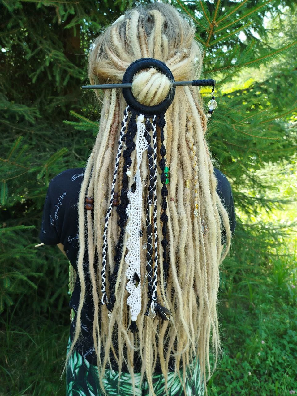 Handmade Black and White Tribal Dreadlock Hair Ring Barette - Unique Dreadcuff