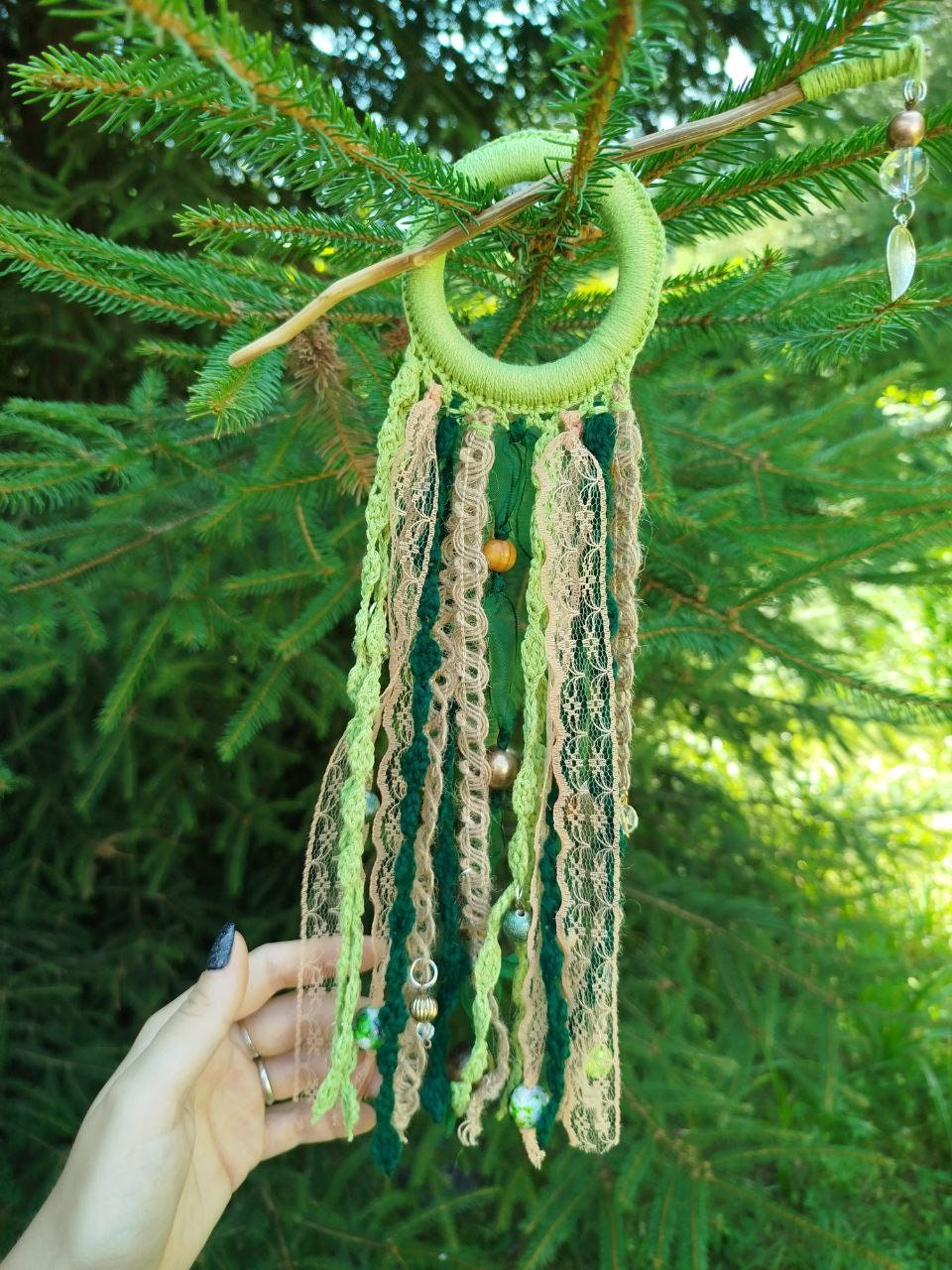 Boho-Chic Handmade Green Tribal Dreadlock Hair Ring Barette - Unique Dreadcuff