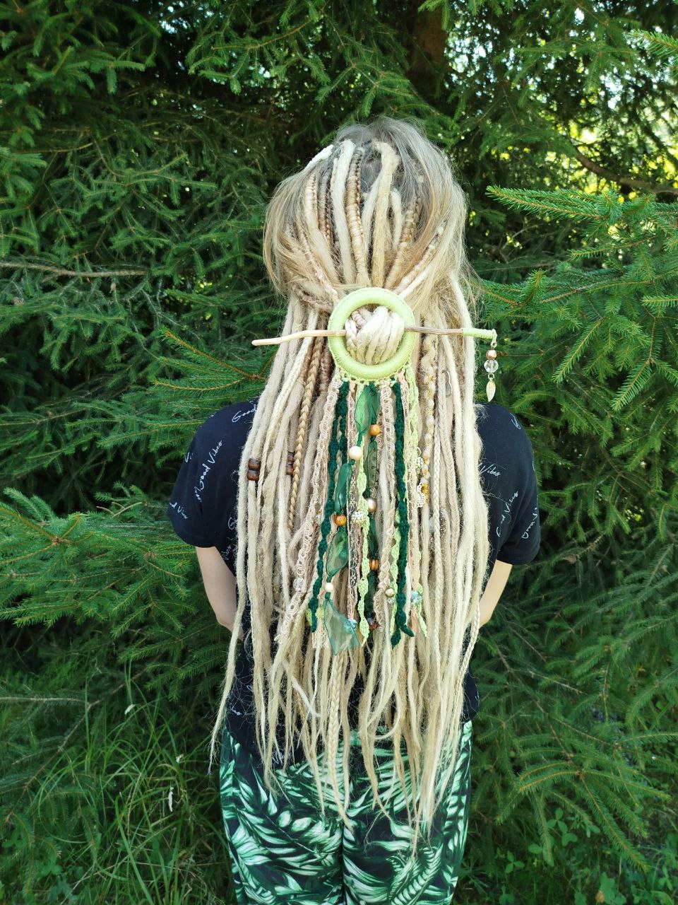 Boho-Chic Handmade Green Tribal Dreadlock Hair Ring Barette - Unique Dreadcuff