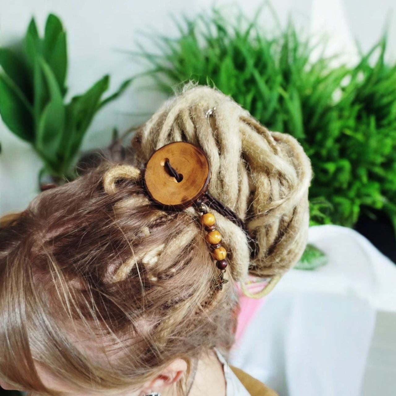 Handcrafted Wood Dreadlock Tie with Rubber Band Button