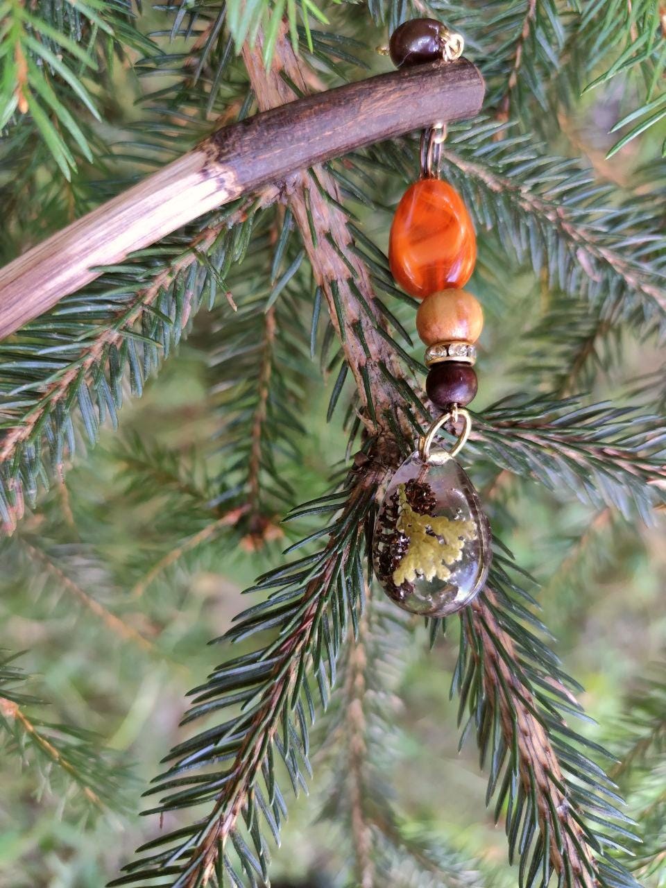 Epoxy Resin Hair Stick with Thuja and Tiny Cone - Bohemian Hair Accessory