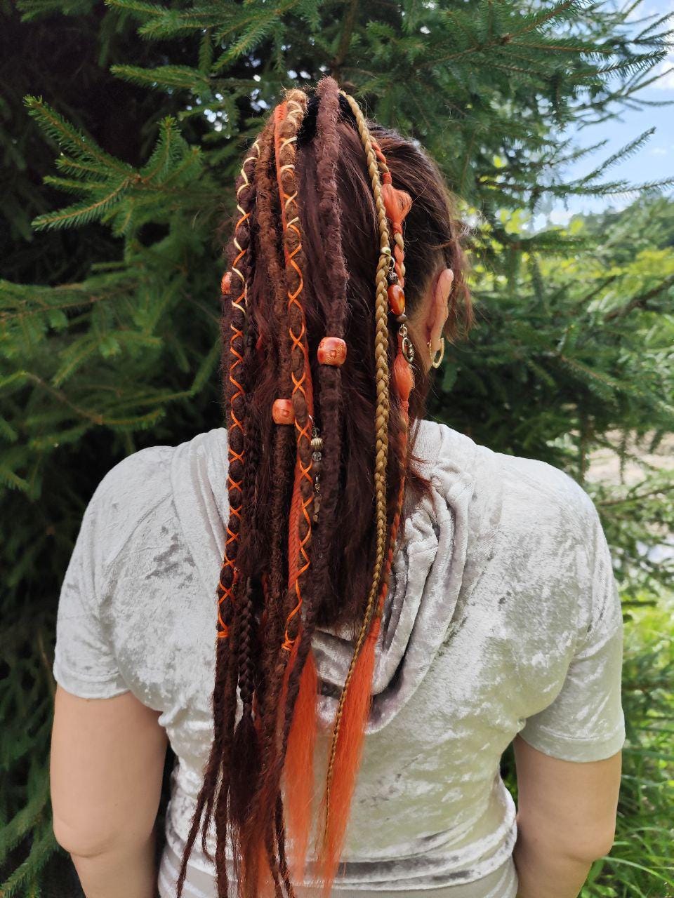 Witchy Vibes Dreadlock Ponytail Set - Red and Brown Synthetic Dreads on Elastic Band