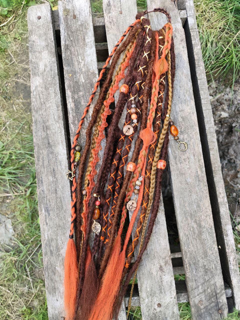 Witchy Vibes Dreadlock Ponytail Set - Red and Brown Synthetic Dreads on Elastic Band