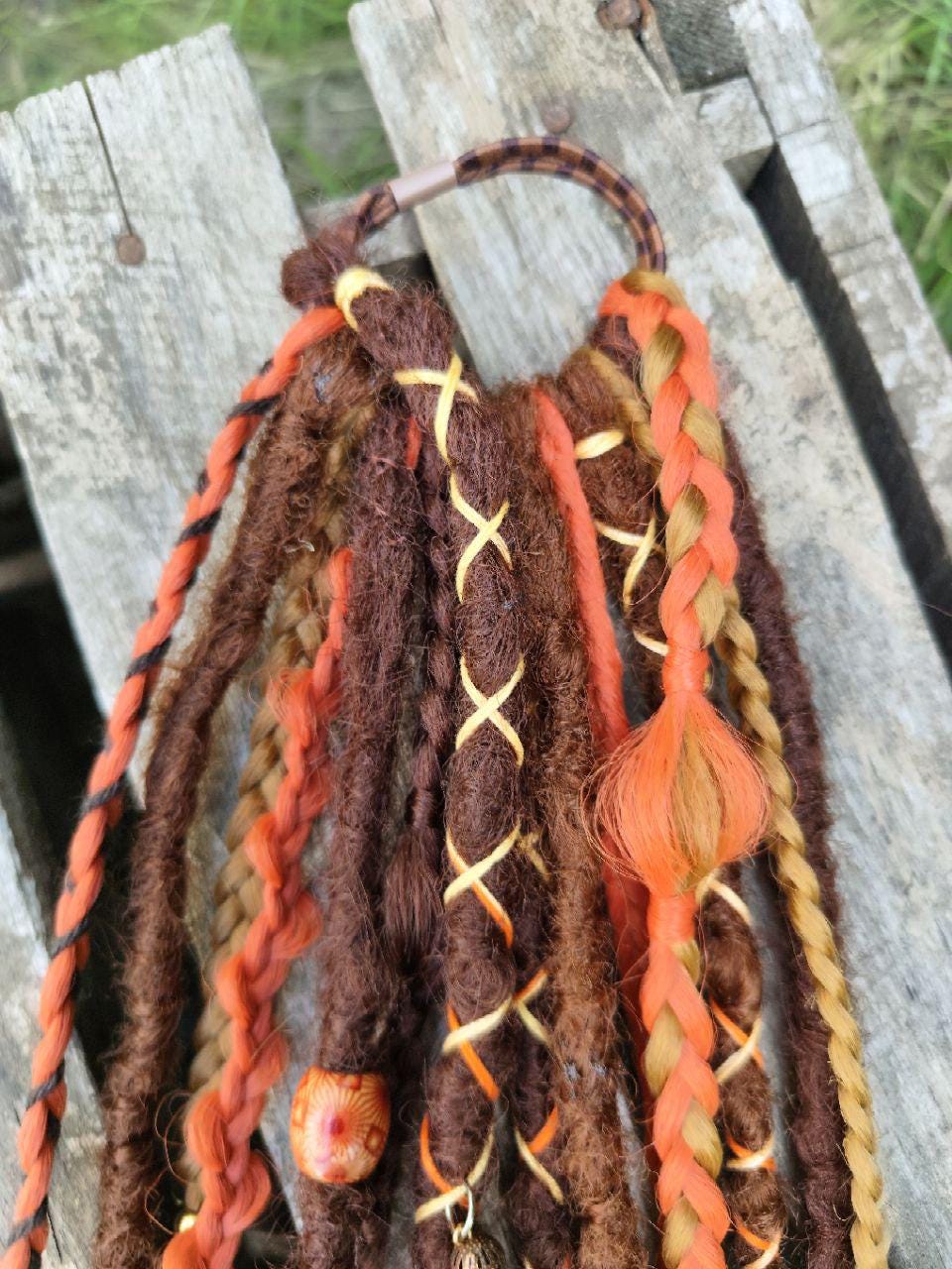 Witchy Vibes Dreadlock Ponytail Set - Red and Brown Synthetic Dreads on Elastic Band