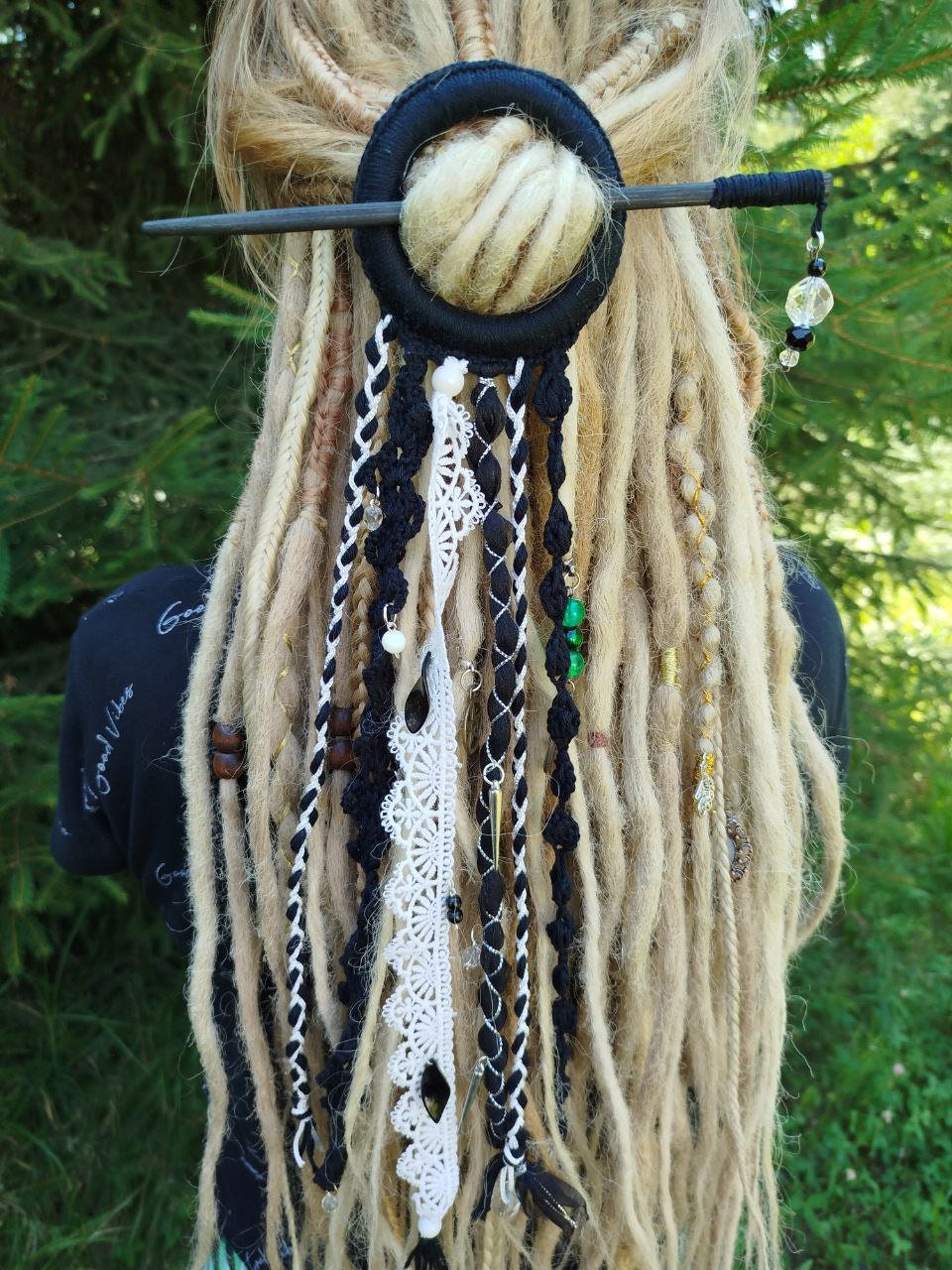 Handmade Black and White Tribal Dreadlock Hair Ring Barette - Unique Dreadcuff