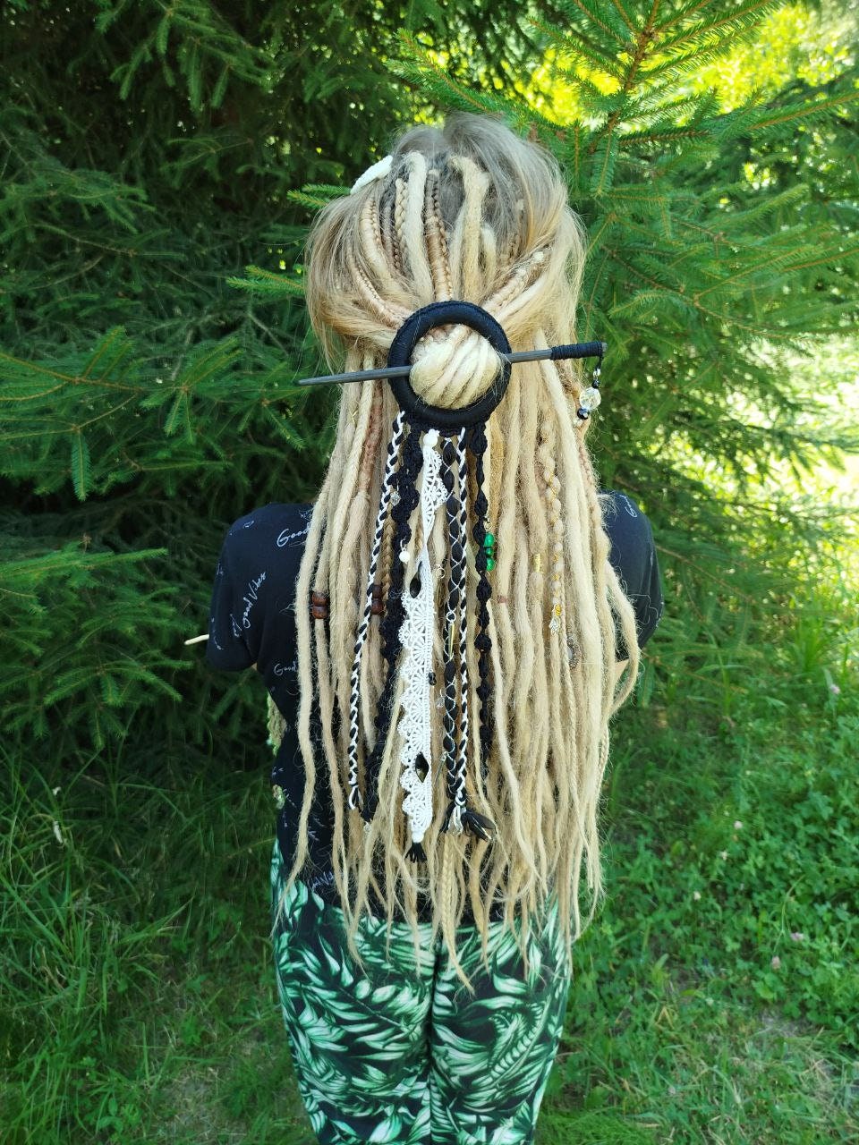 Handmade Black and White Tribal Dreadlock Hair Ring Barette - Unique Dreadcuff