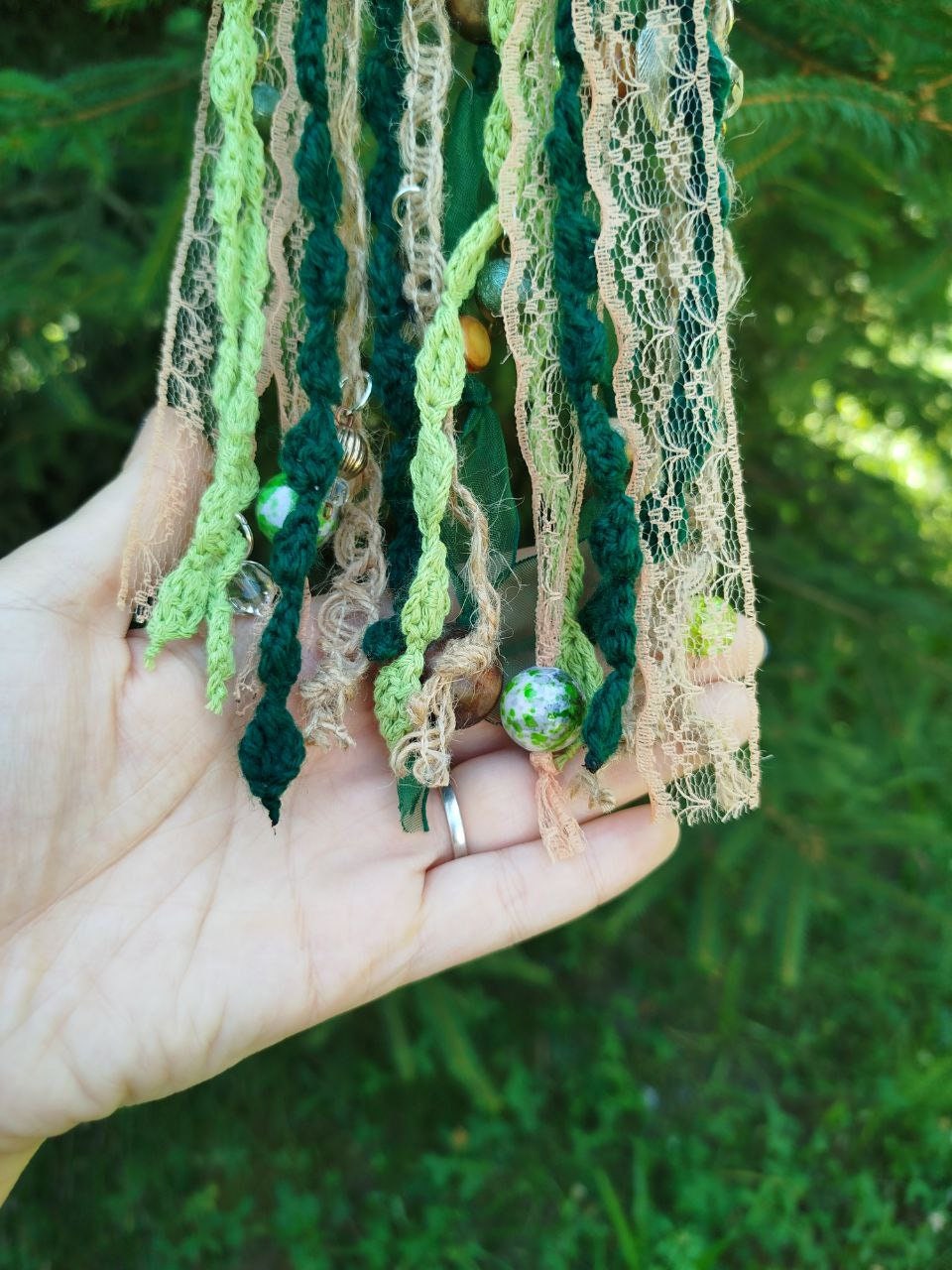 Boho-Chic Handmade Green Tribal Dreadlock Hair Ring Barette - Unique Dreadcuff