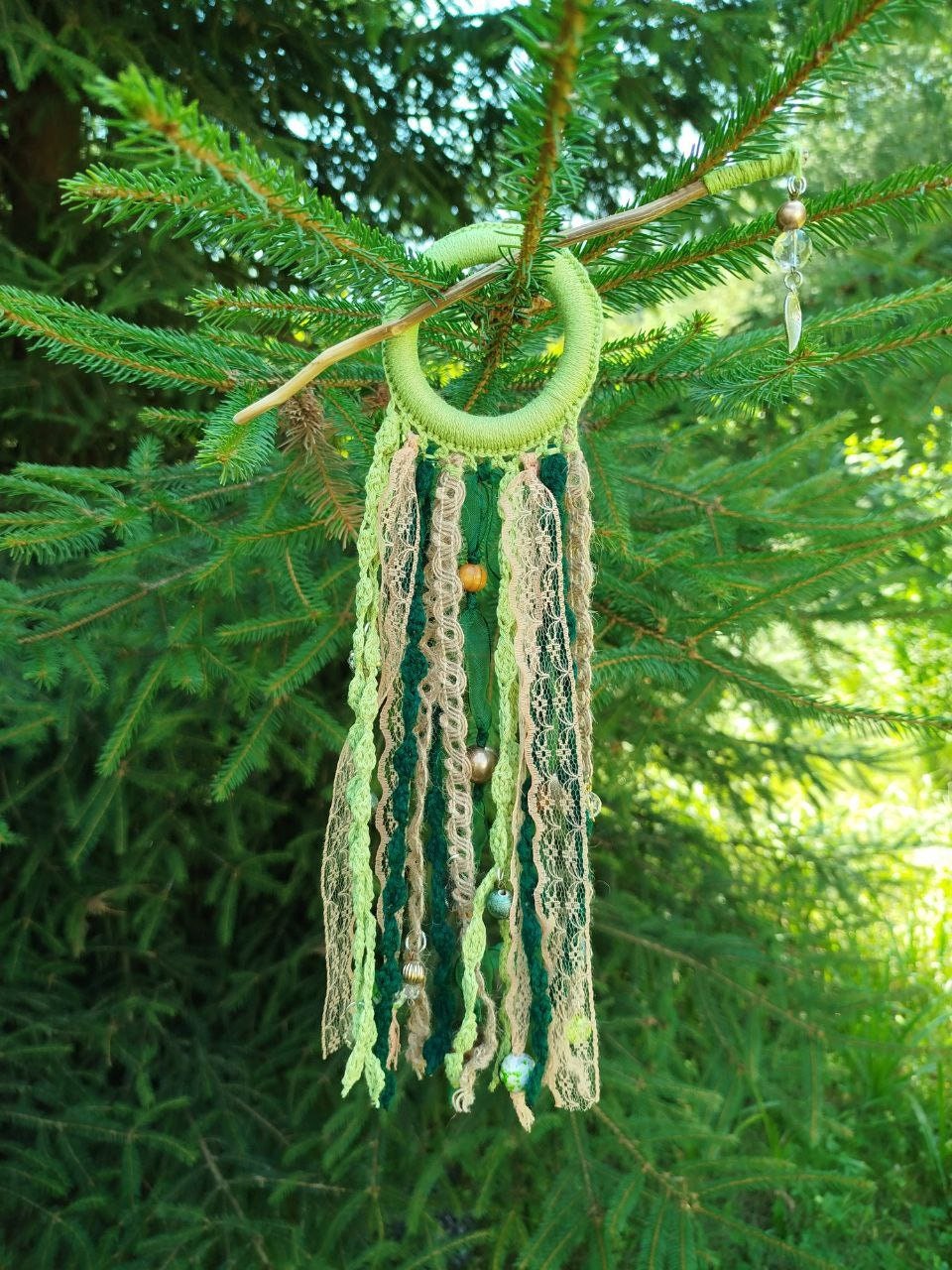 Boho-Chic Handmade Green Tribal Dreadlock Hair Ring Barette - Unique Dreadcuff