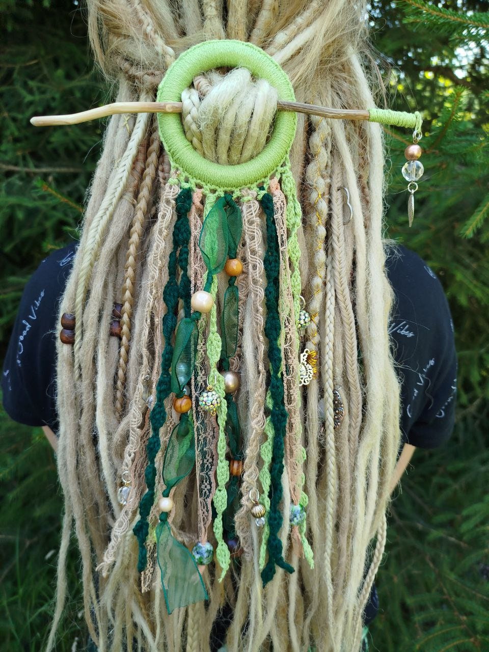 Boho-Chic Handmade Green Tribal Dreadlock Hair Ring Barette - Unique Dreadcuff