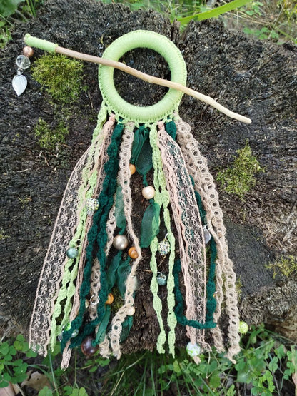 Boho-Chic Handmade Green Tribal Dreadlock Hair Ring Barette - Unique Dreadcuff