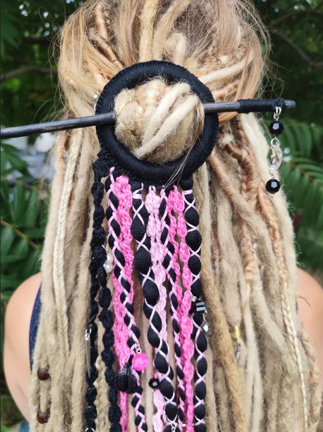 Bohemian Black and Pink Dreadlock Hair Jewelry - Handcrafted Tribal Dreadcuff