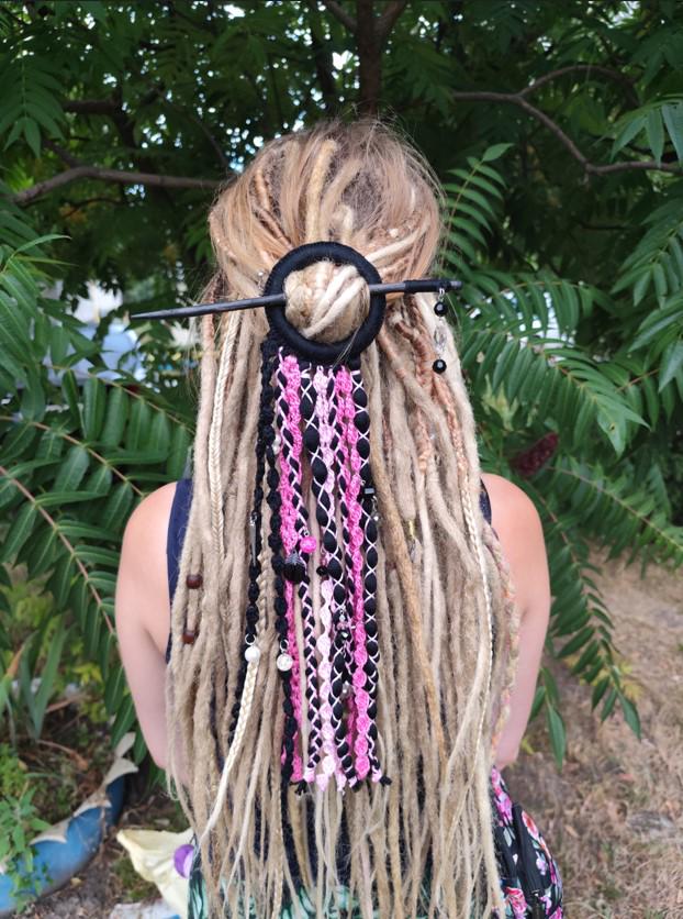 Bohemian Black and Pink Dreadlock Hair Jewelry - Handcrafted Tribal Dreadcuff