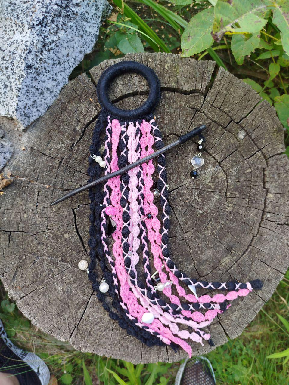 Bohemian Black and Pink Dreadlock Hair Jewelry - Handcrafted Tribal Dreadcuff