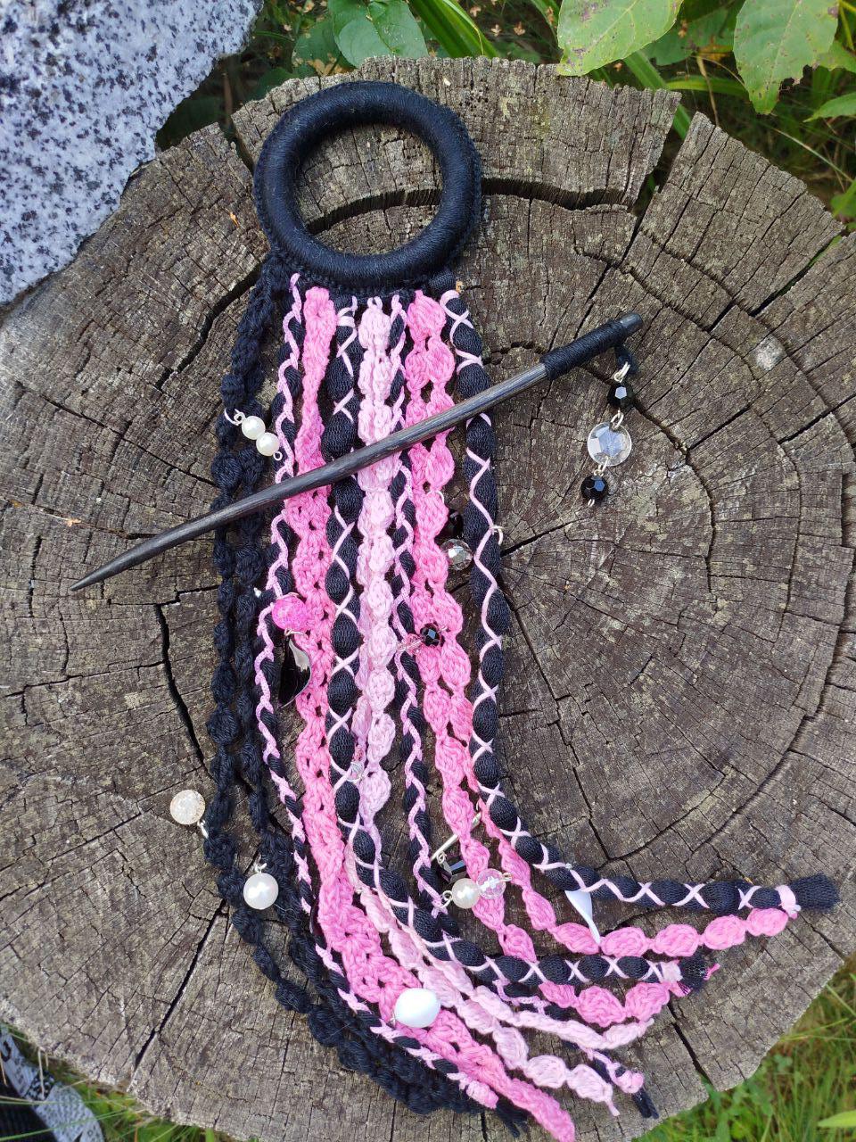 Bohemian Black and Pink Dreadlock Hair Jewelry - Handcrafted Tribal Dreadcuff