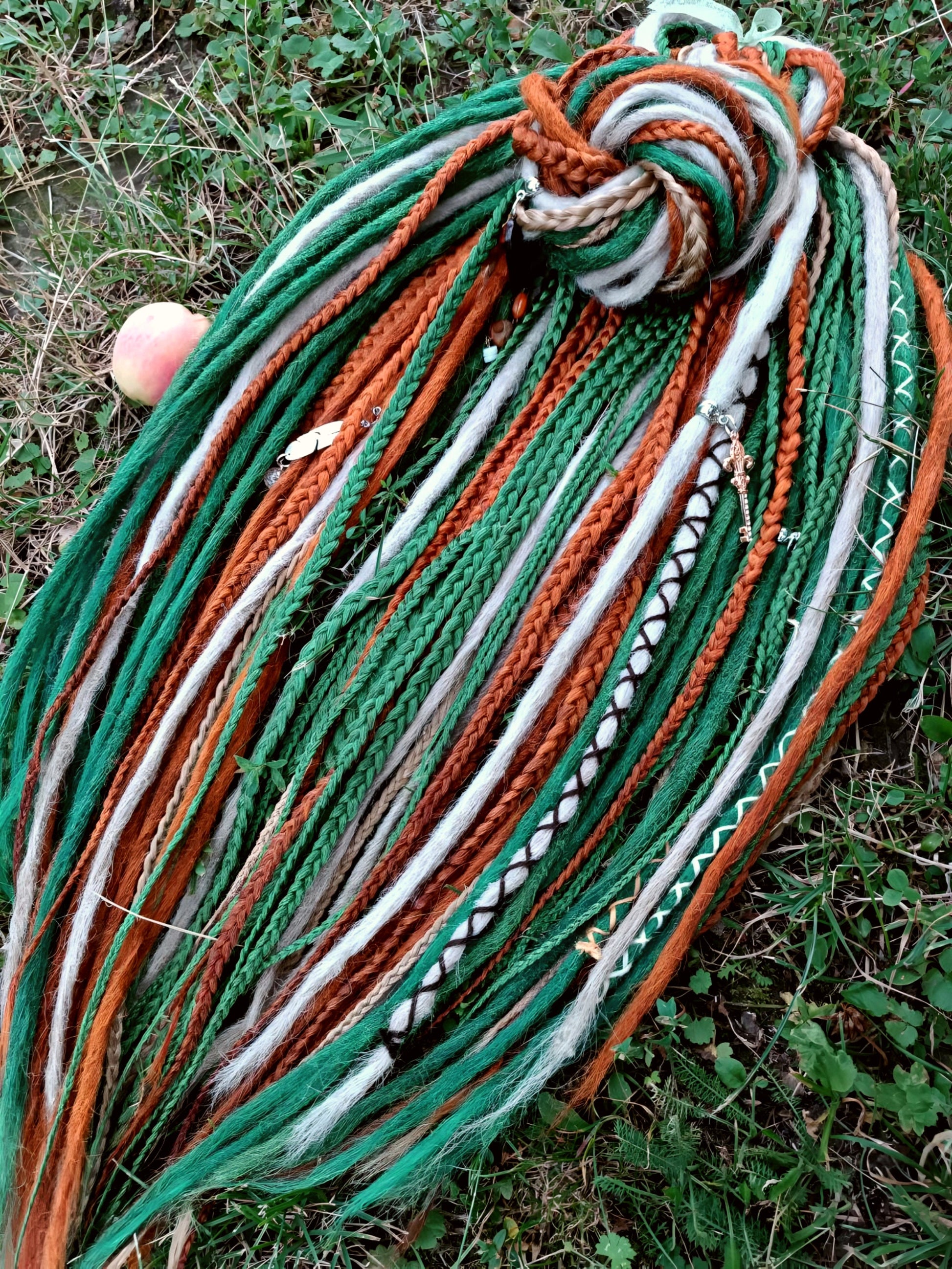 Vibrant Red, Green, and Blonde Synthetic Dread and Braids Extensions Set