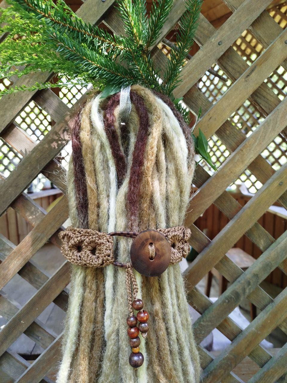 Boho Wood Hair Tie for Bun with Crocheted Lace and Rubber Band