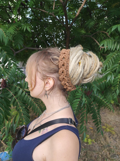 Boho Wood Hair Tie for Bun with Crocheted Lace