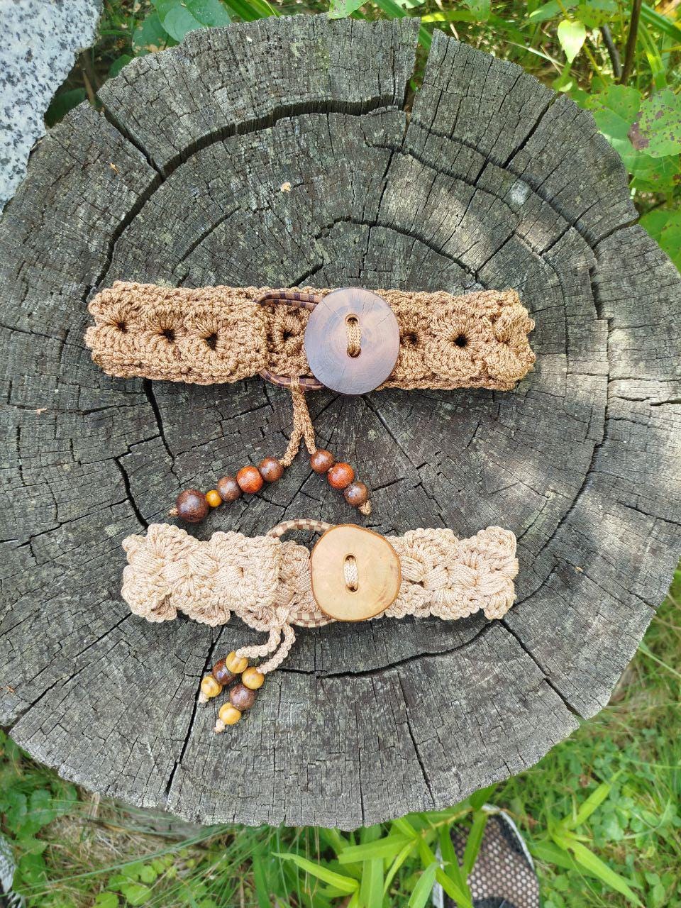 Boho Wood Hair Tie for Bun with Crocheted Lace and Rubber Band