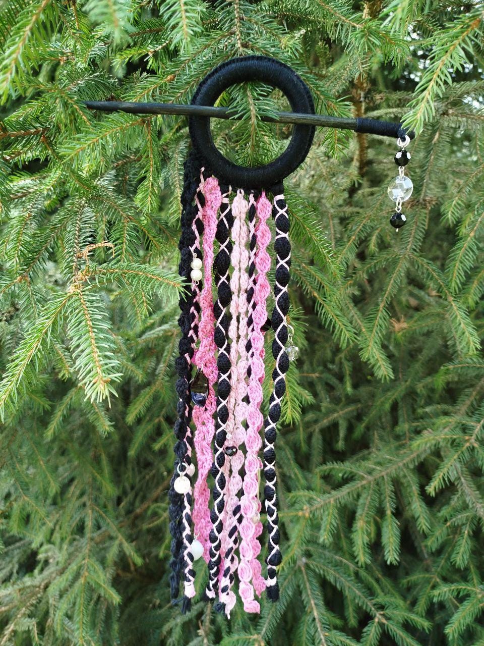 Handmade Black and Pink Tribal Dreadlock Hair Ring Barette - Unique Dreadcuff Accessory