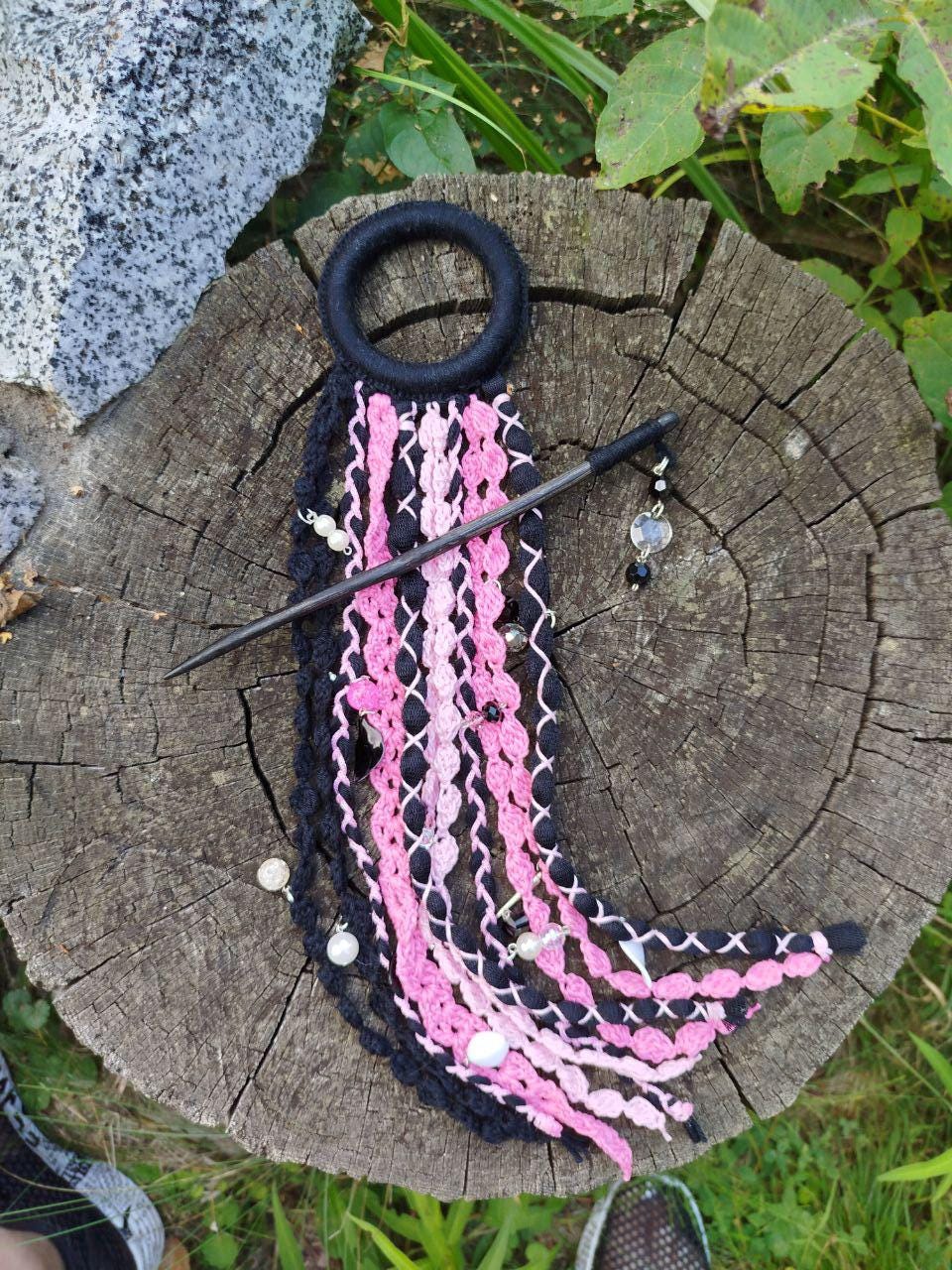 Handmade Black and Pink Tribal Dreadlock Hair Ring Barette - Unique Dreadcuff Accessory