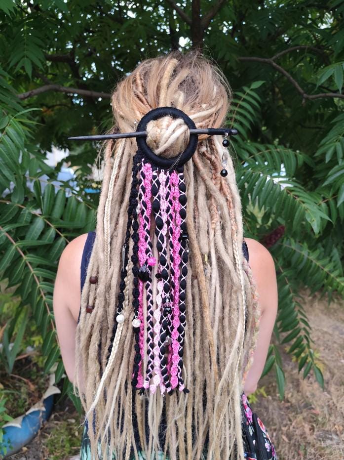 Handmade Black and Pink Tribal Dreadlock Hair Ring Barette - Unique Dreadcuff Accessory