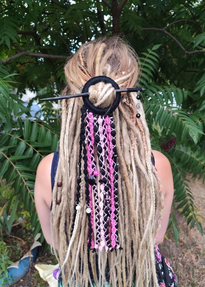 Handmade Black and Pink Tribal Dreadlock Hair Ring Barette - Unique Dreadcuff Accessory