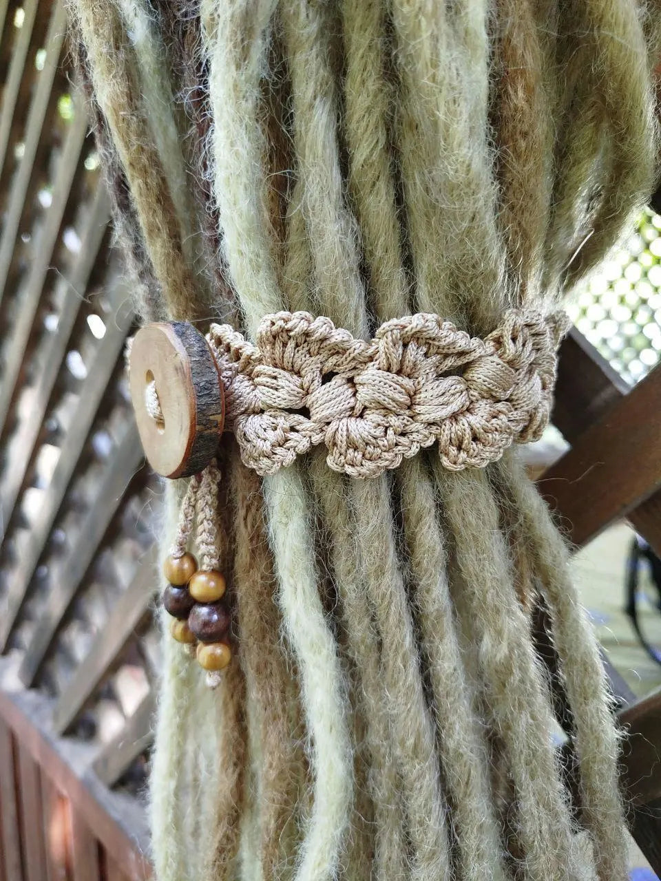 Boho Wood Dreadlock Tie for Bun – Wrap Holder with Crochet Lace