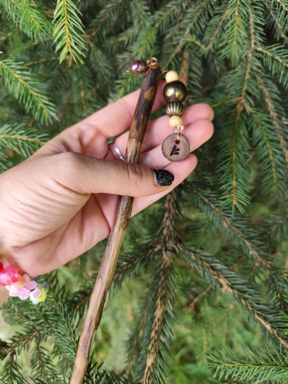 Bun Hair Stick with Wealth Fehu Rune (ᚠ) - Sustainable Gift for Her, Boho Style