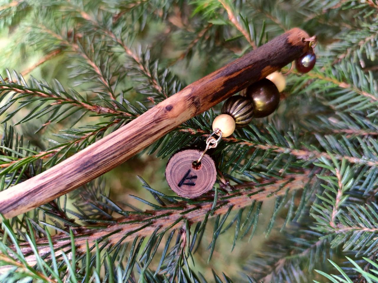 Bun Hair Stick with Wealth Fehu Rune (ᚠ) - Sustainable Gift for Her, Boho Style