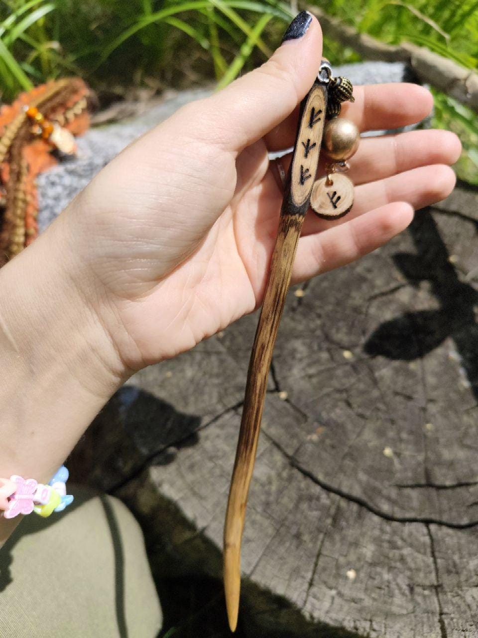 Bun Hair Stick with Fehu and Algiz Runes, Boho Hair Accessory, Gift for Her