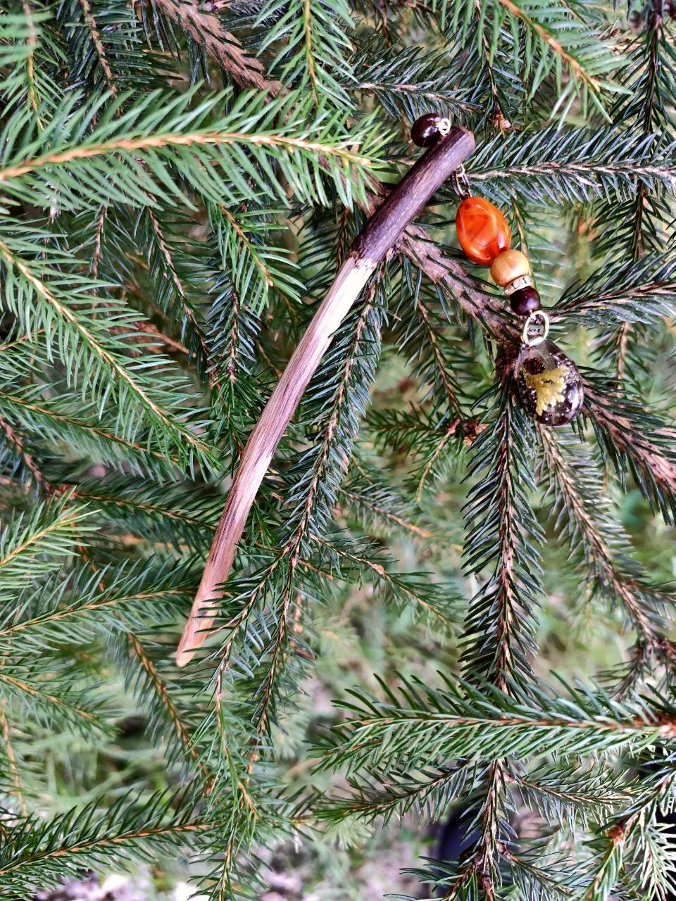 Epoxy Resin Hair Stick with Thuja and Tiny Cone - Bohemian Hair Accessory