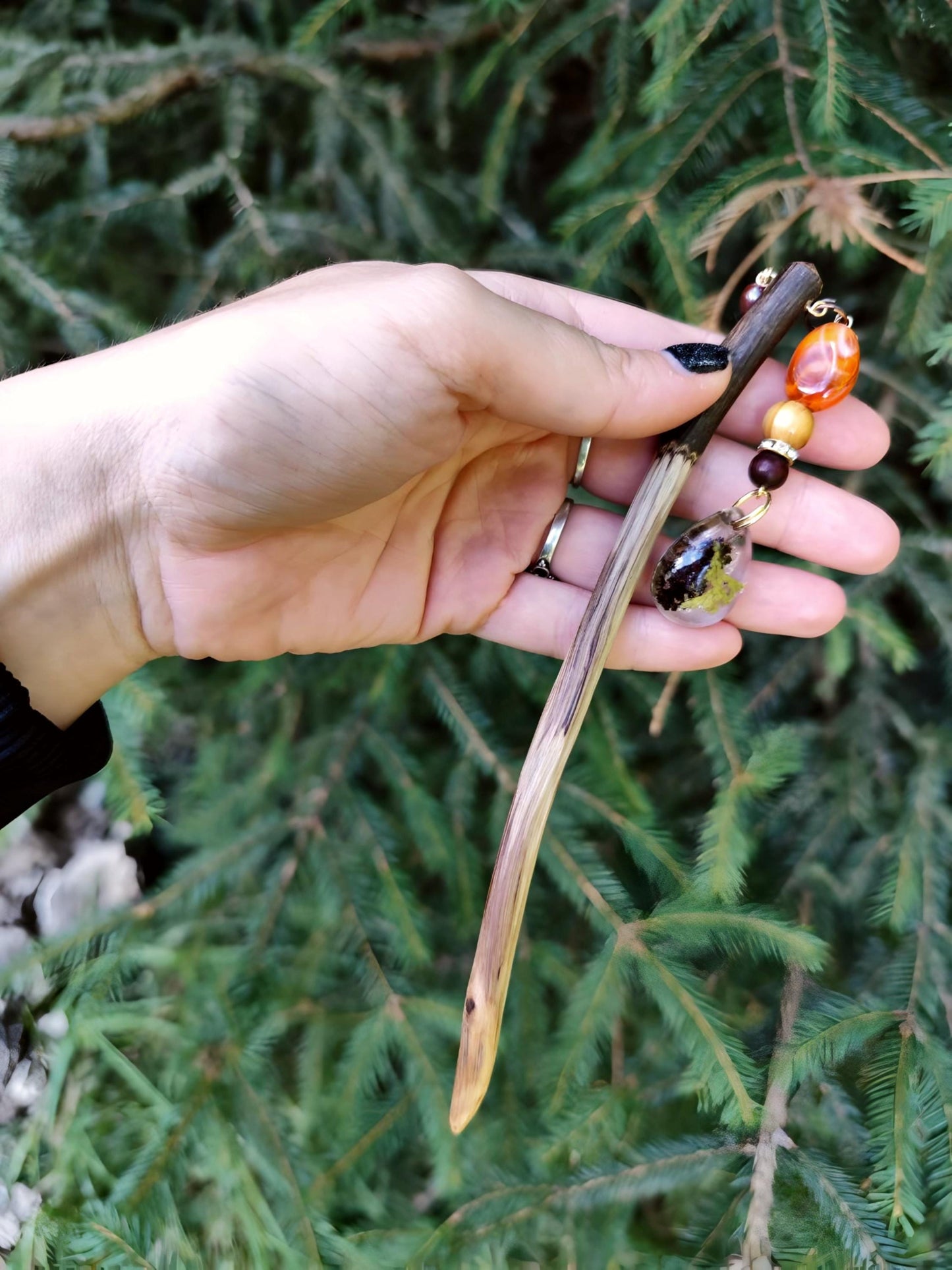 Epoxy Resin Hair Stick with Thuja and Tiny Cone - Bohemian Hair Accessory