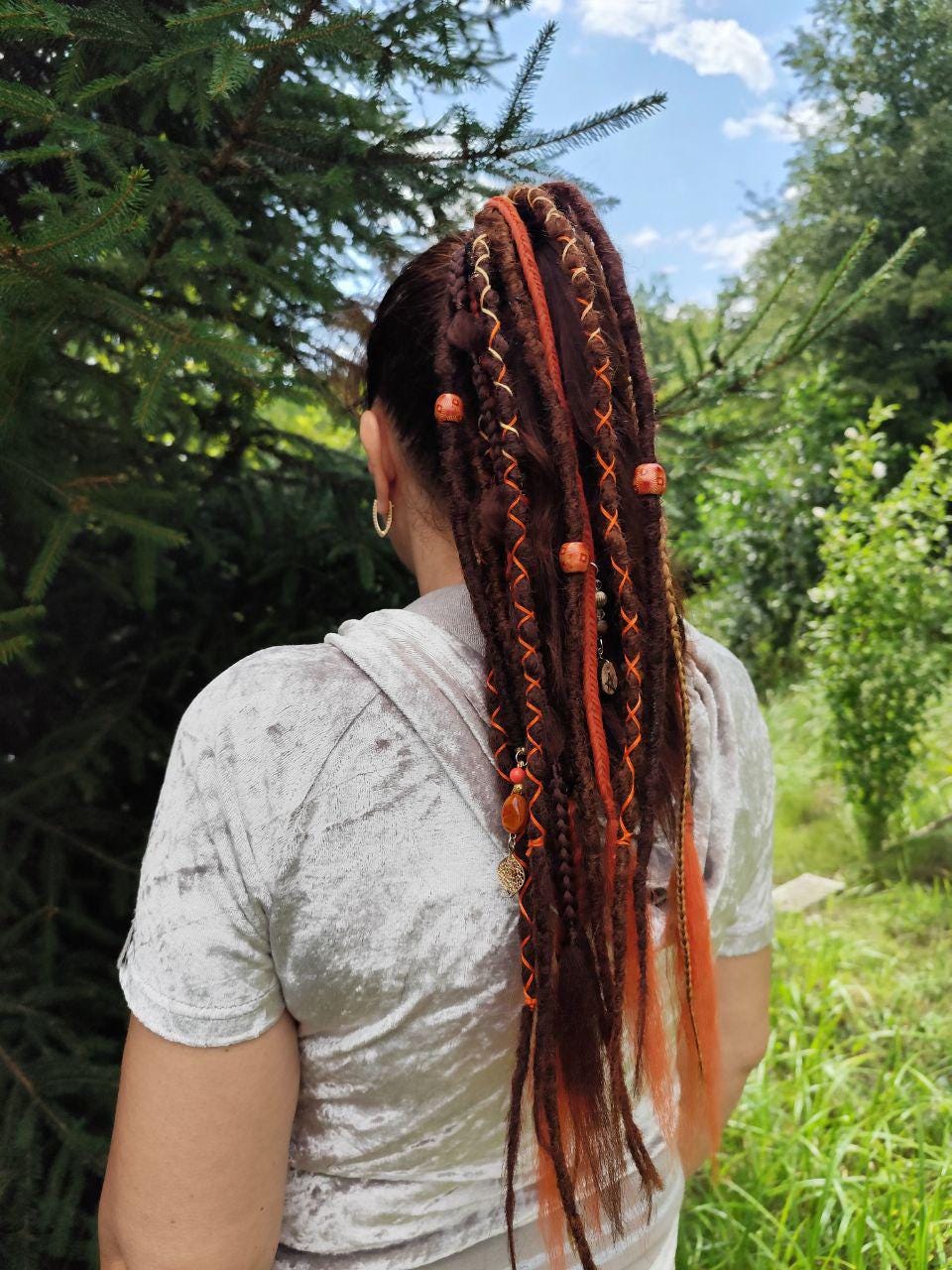 Witchy Vibes Dreadlock Ponytail Set - Red and Brown Synthetic Dreads on Elastic Band