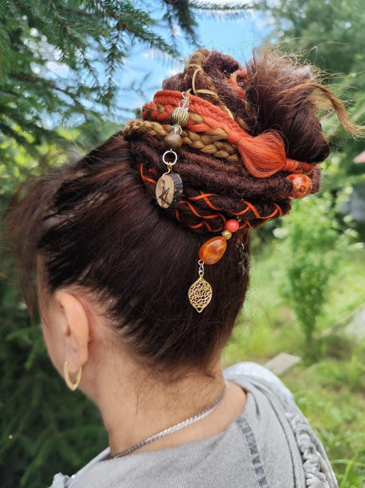 Witchy Vibes Dreadlock Ponytail Set - Red and Brown Synthetic Dreads on Elastic Band