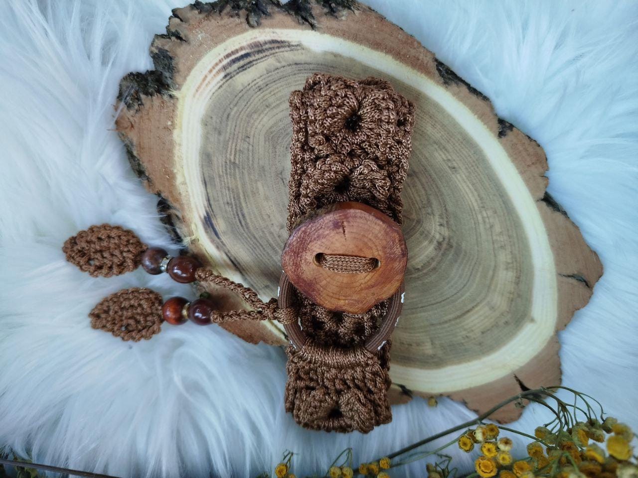 Boho Wood Hair Tie for Bun with Crocheted Lace and Rubber Band