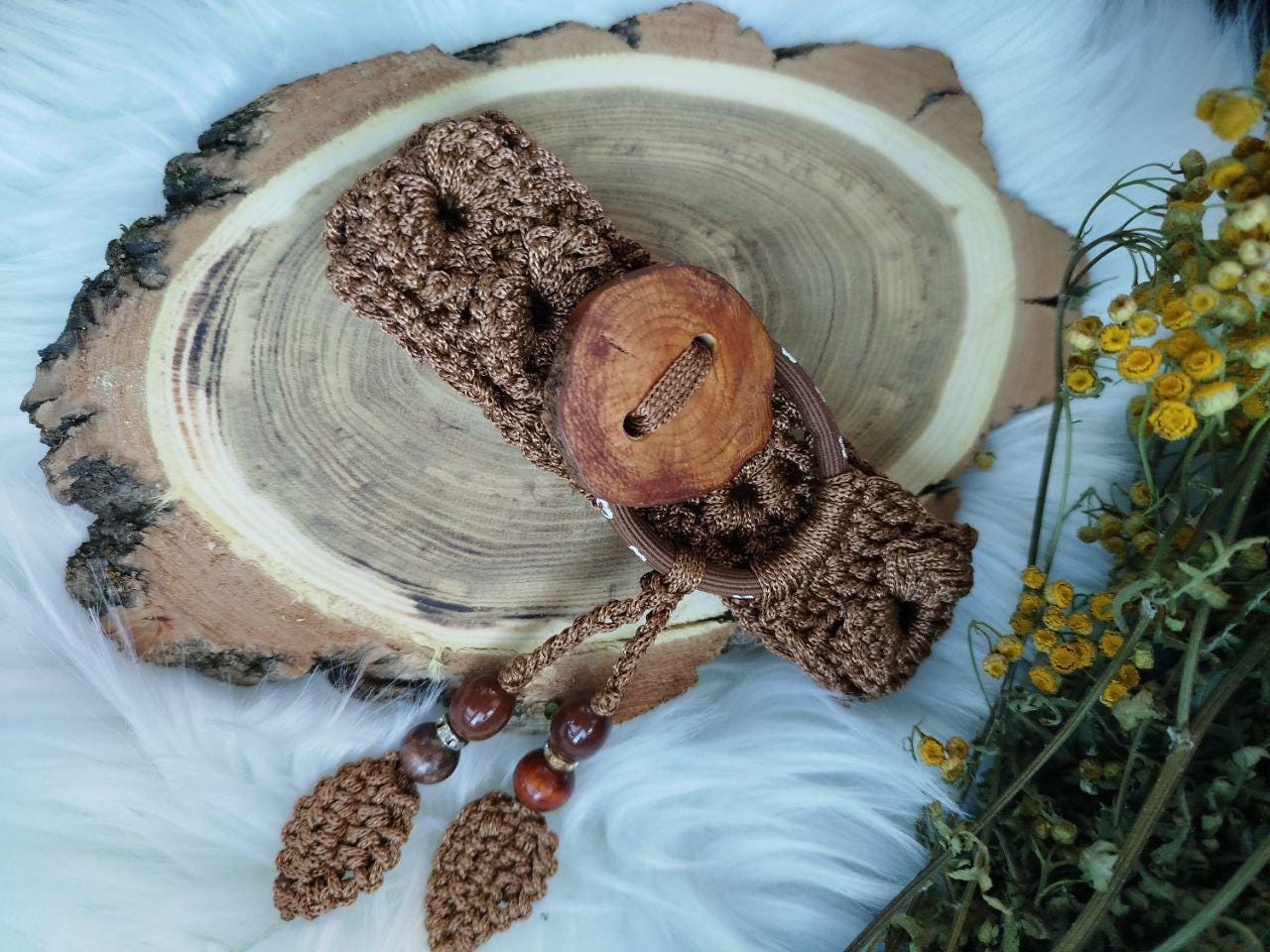 Boho Wood Hair Tie for Bun with Crocheted Lace and Rubber Band