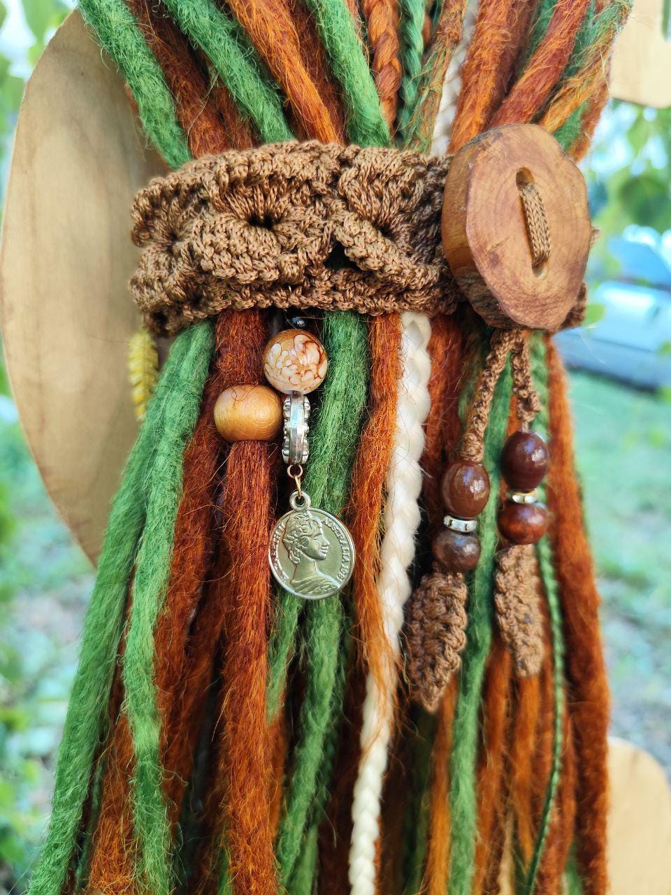 Boho Wood Hair Tie for Bun with Crocheted Lace and Rubber Band