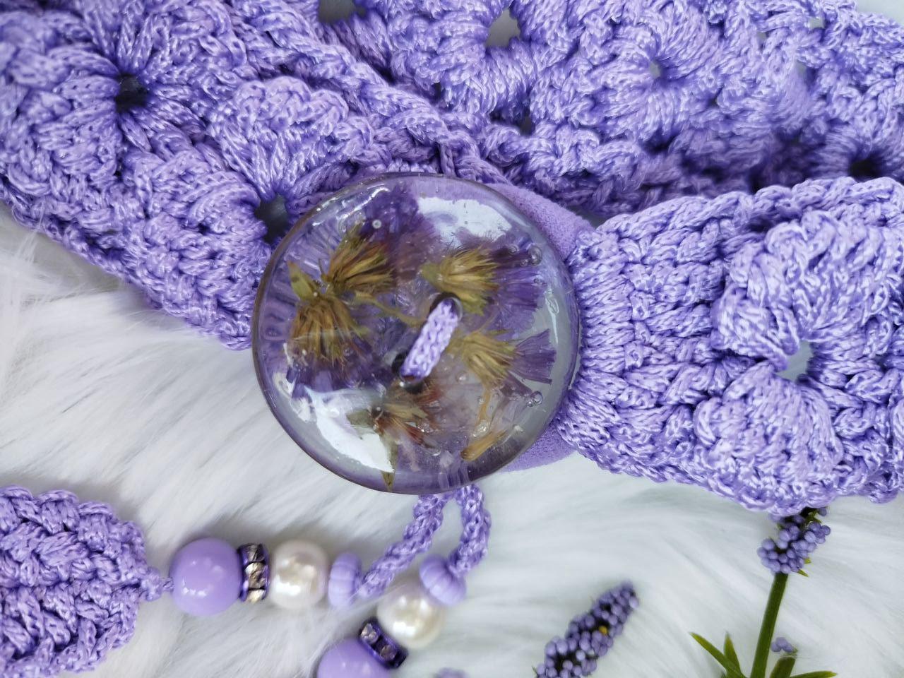 Lavender Boho Chic Crochet Lace Hair Tie with Handcrafted Button | Dried Flower Resin Elastic Bun Holder