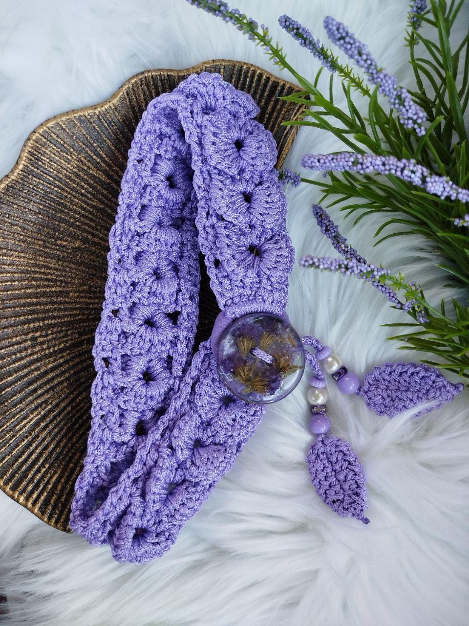 Lavender Boho Chic Crochet Lace Hair Tie with Handcrafted Button | Dried Flower Resin Elastic Bun Holder