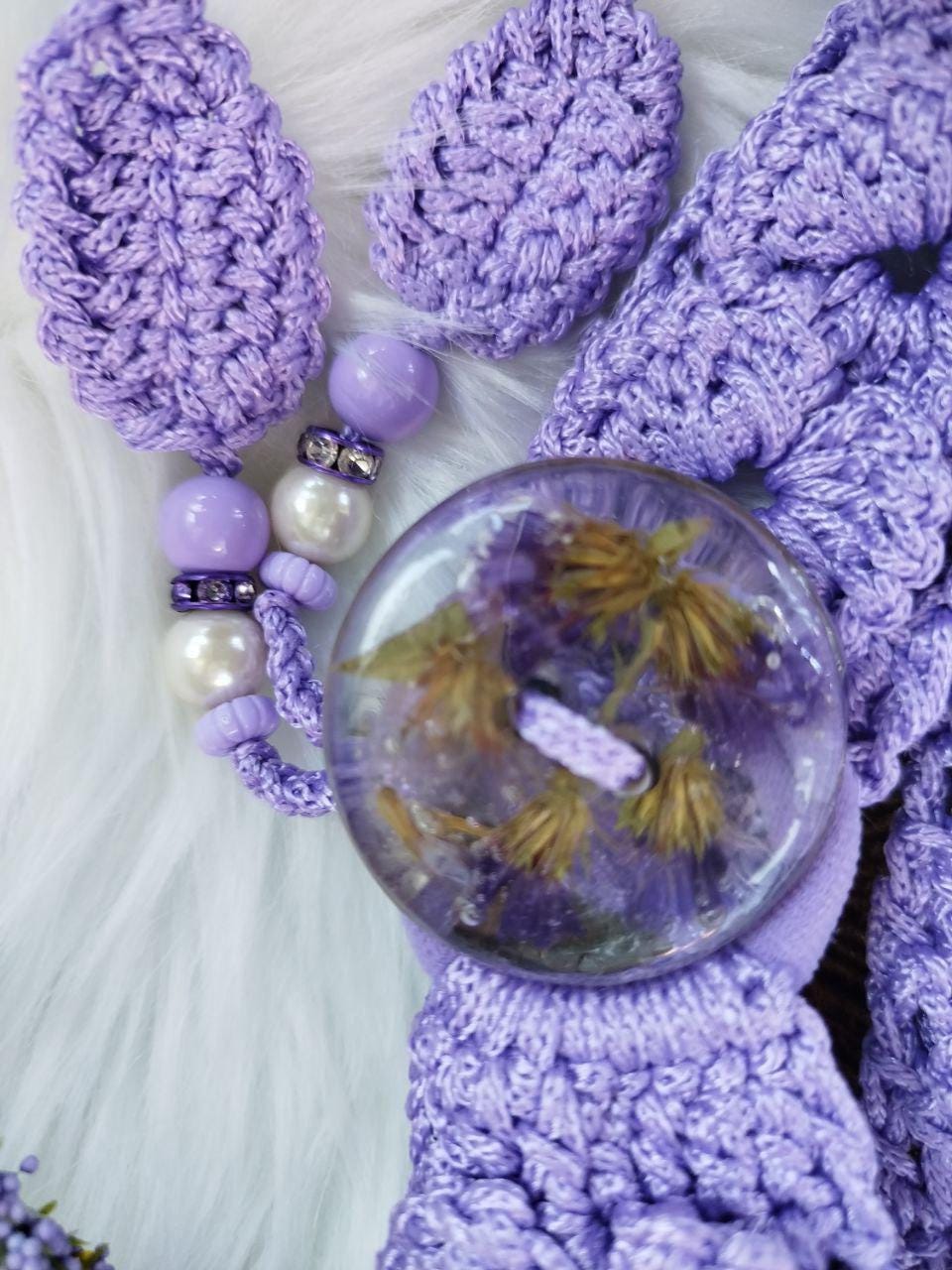 Lavender Boho Chic Crochet Lace Hair Tie with Handcrafted Button | Dried Flower Resin Elastic Bun Holder