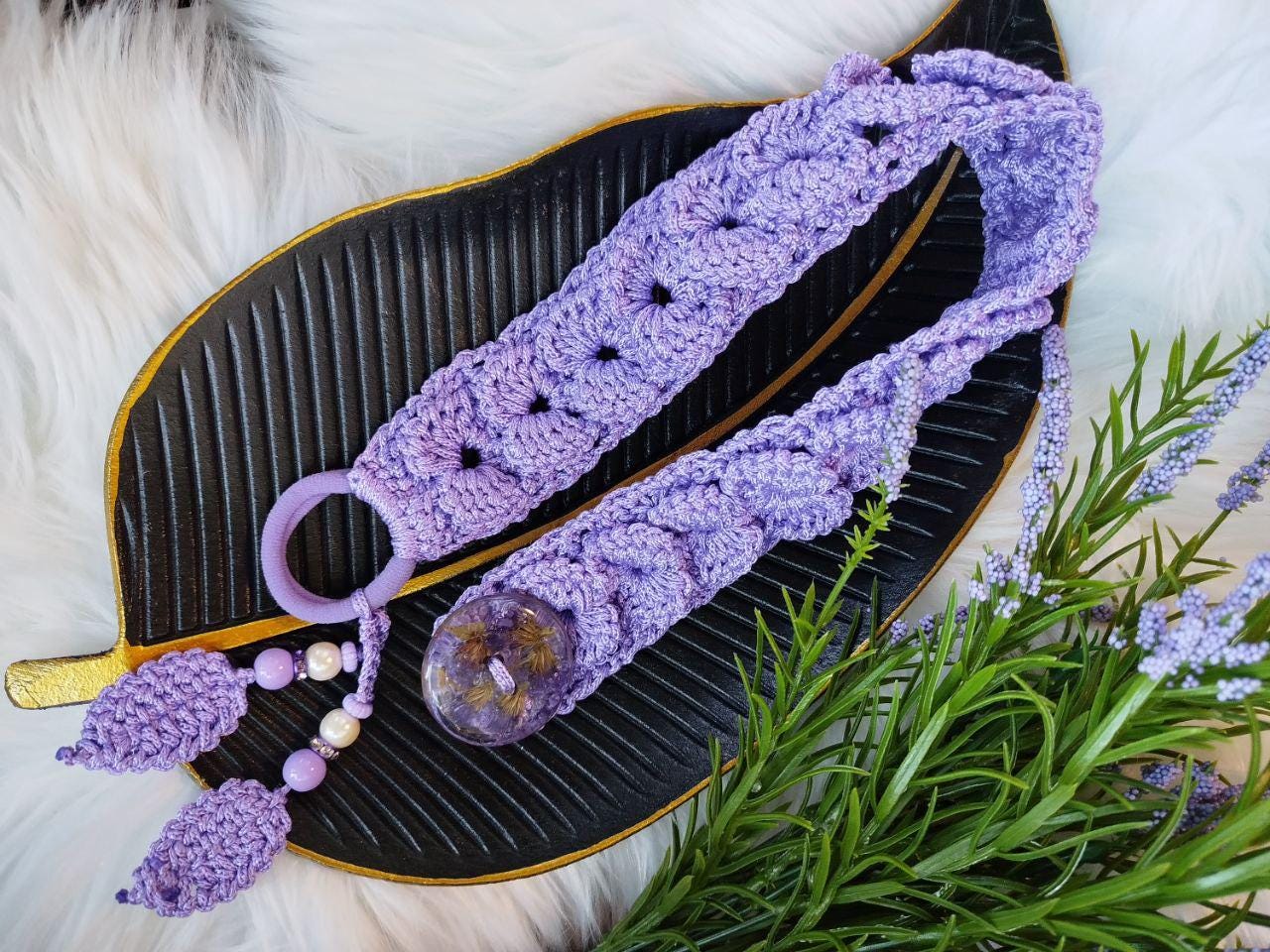 Lavender Boho Chic Crochet Lace Hair Tie with Handcrafted Button | Dried Flower Resin Elastic Bun Holder