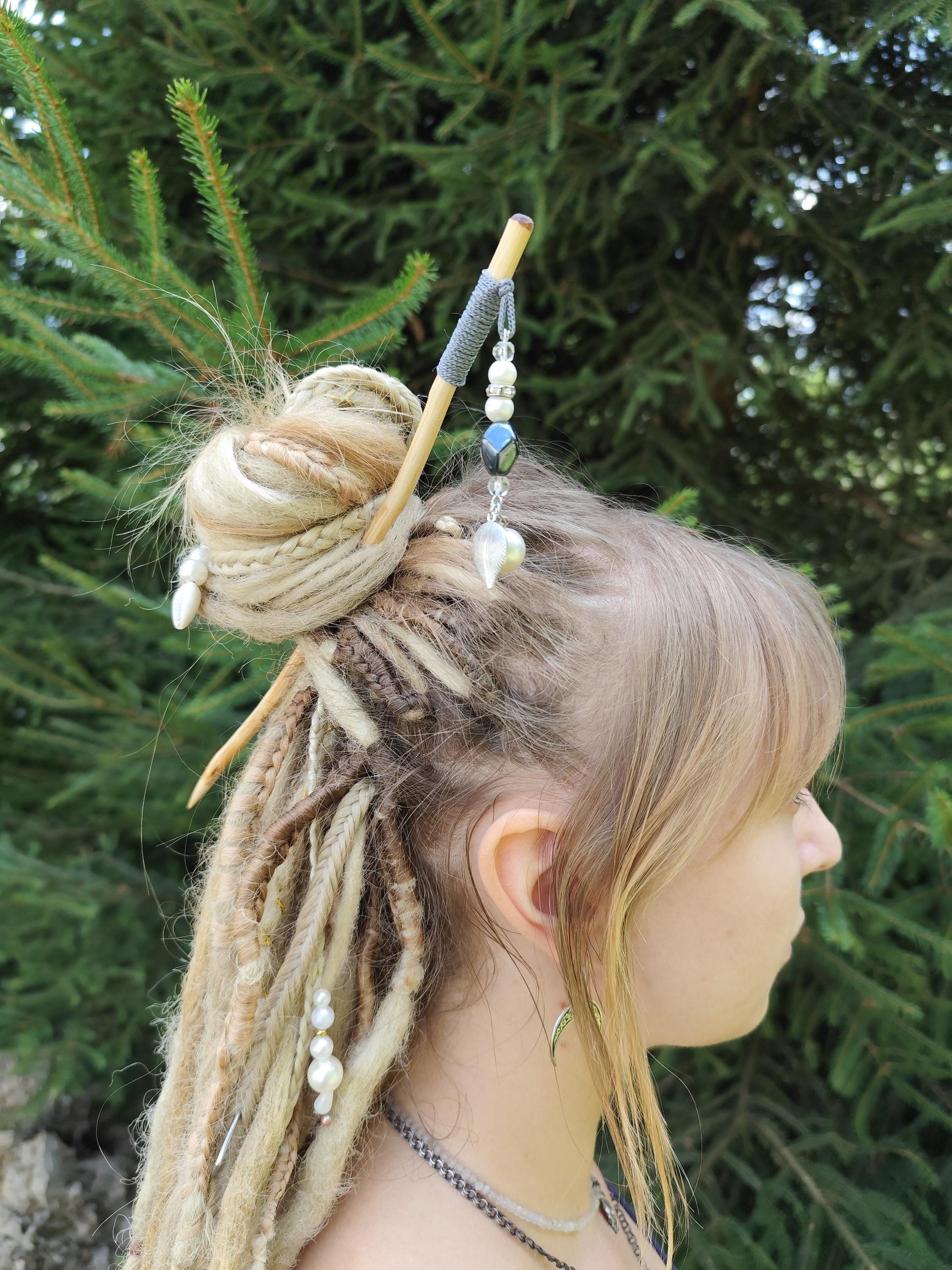 Gray Bohemian Hair Stick - Handcrafted Wooden Hair Accessory