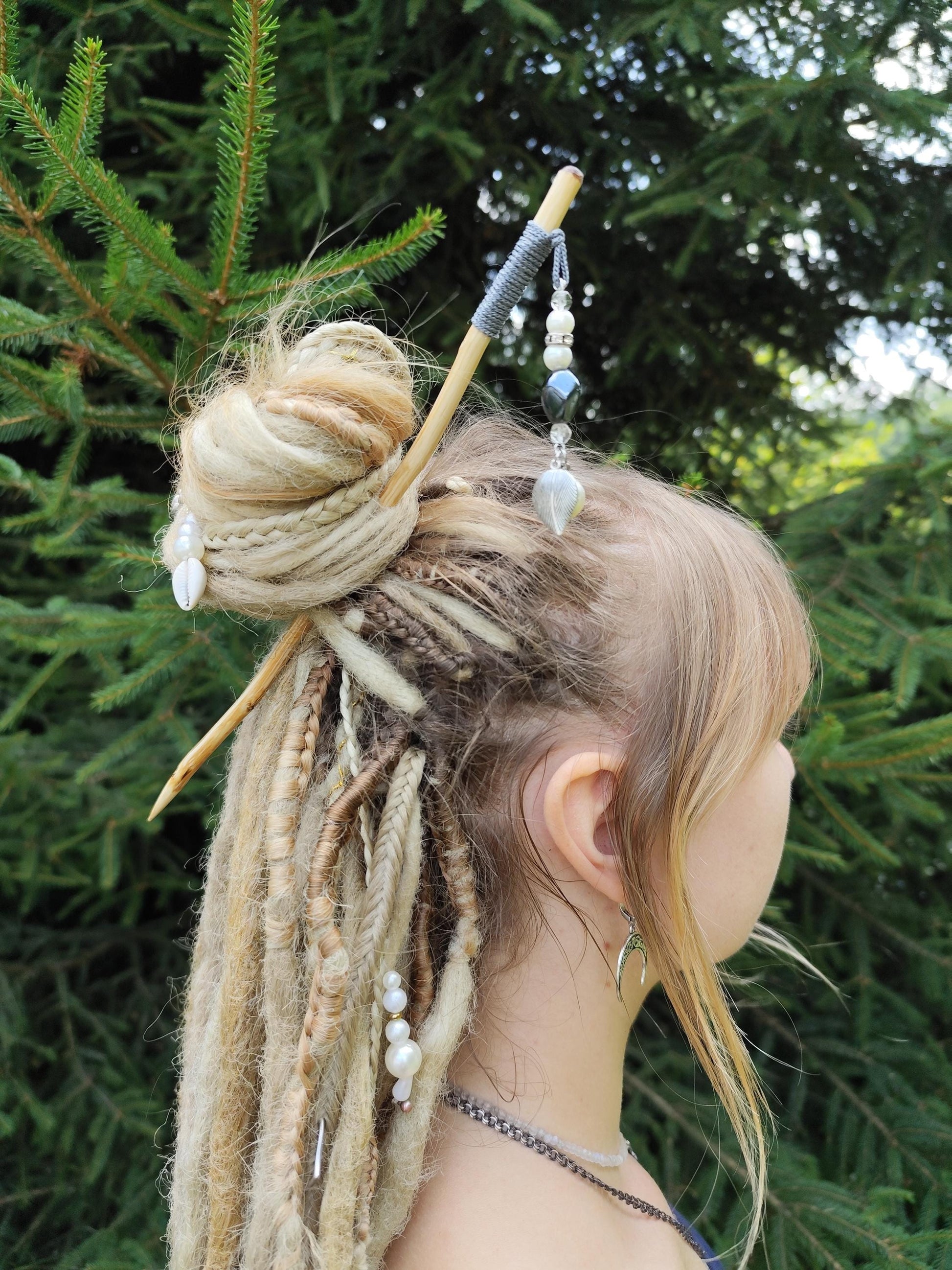 Gray Bohemian Hair Stick - Handcrafted Wooden Hair Accessory