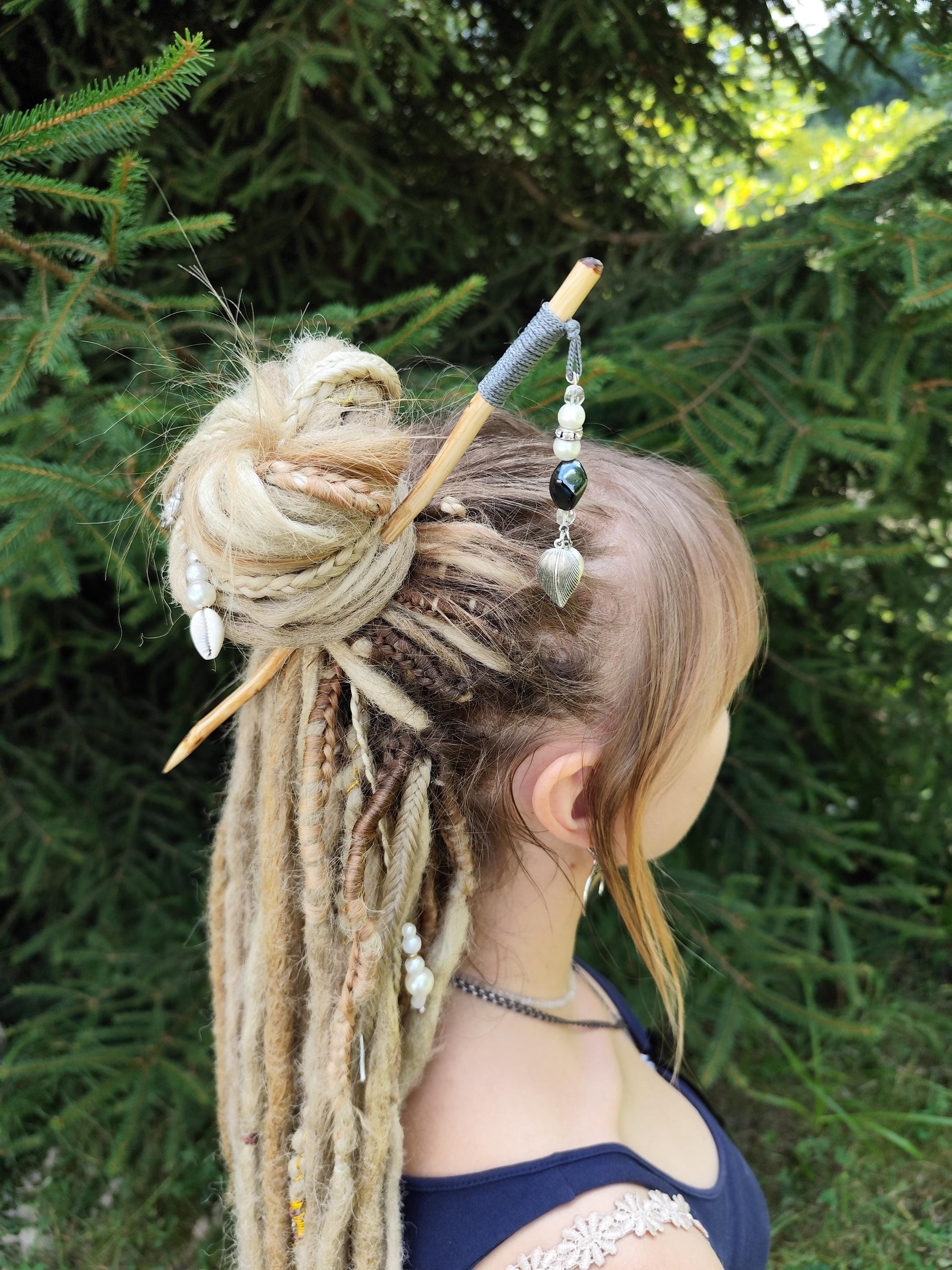 Gray Bohemian Hair Stick - Handcrafted Wooden Hair Accessory