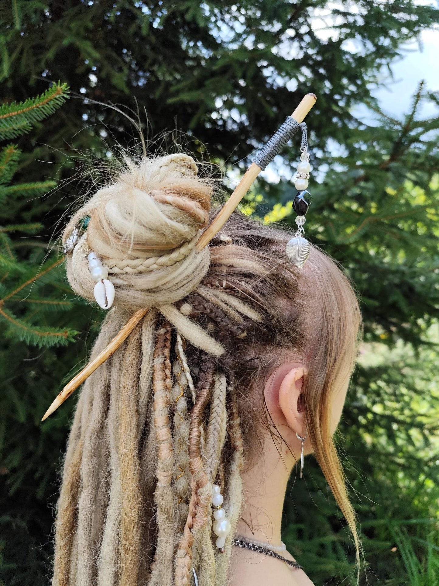 Gray Bohemian Hair Stick - Handcrafted Wooden Hair Accessory