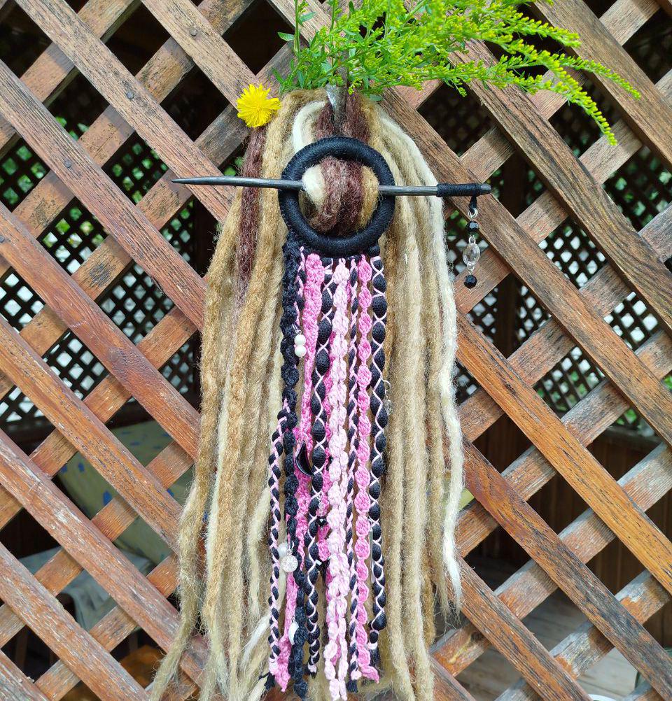 Bohemian Black and Pink Dreadlock Hair Jewelry - Handcrafted Tribal Dreadcuff