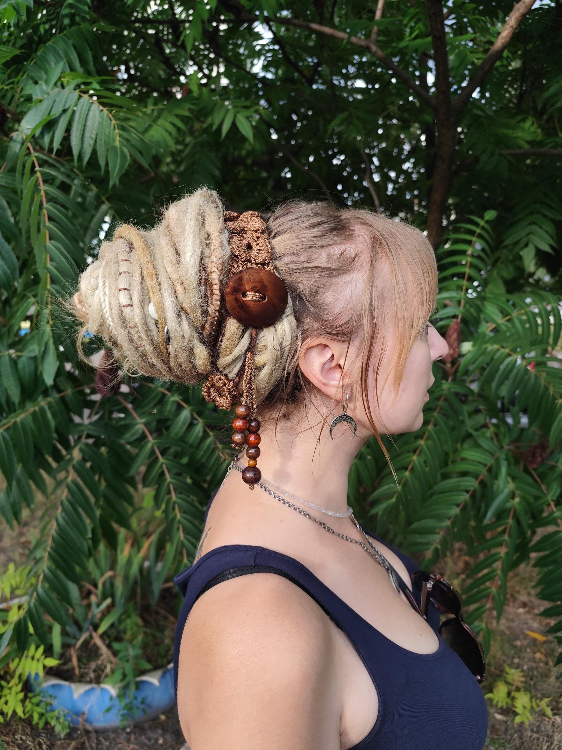 Boho Wood Hair Tie for Bun with Crocheted Lace and Rubber Band