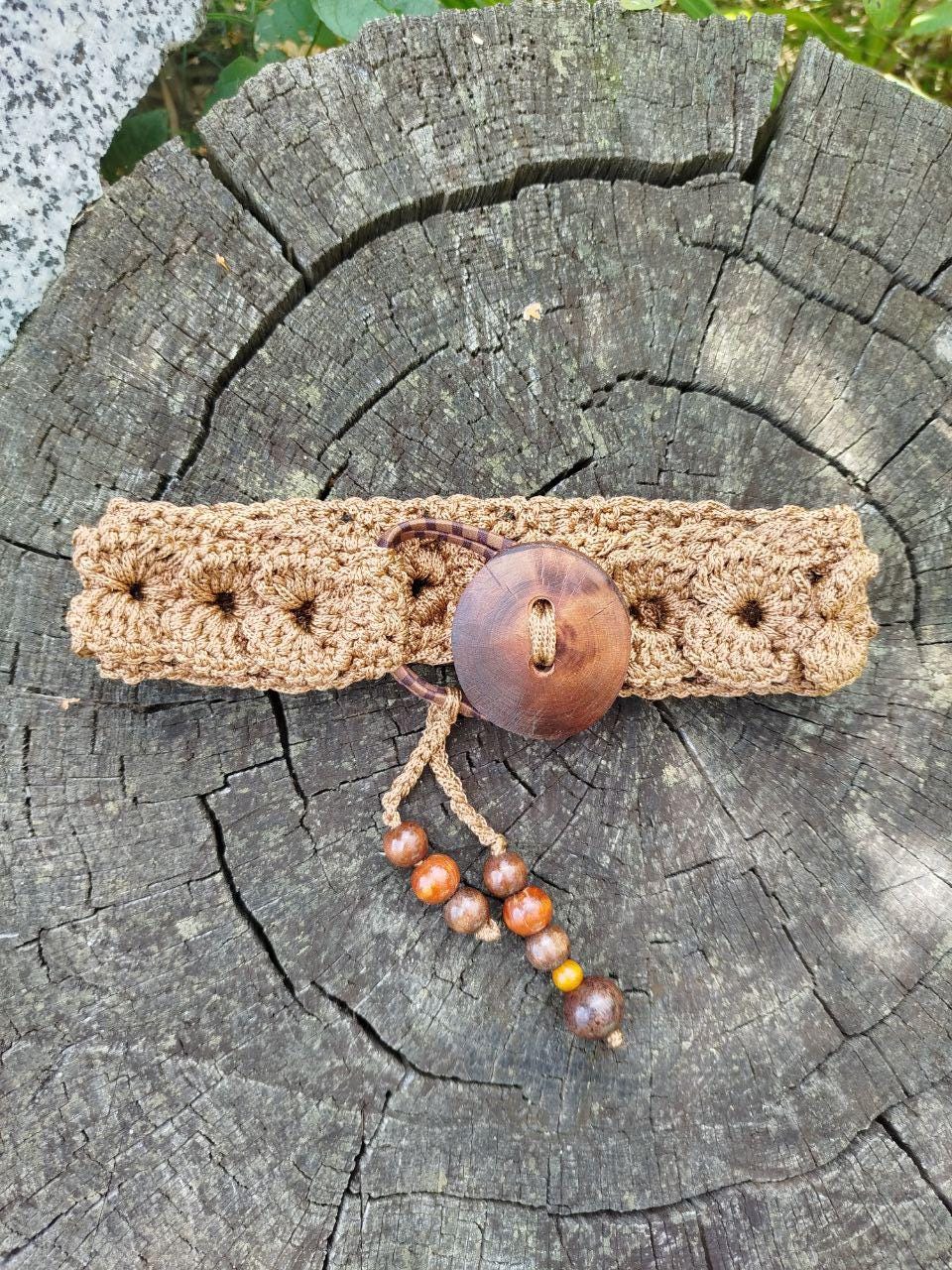 Boho Wood Hair Tie for Bun with Crocheted Lace and Rubber Band