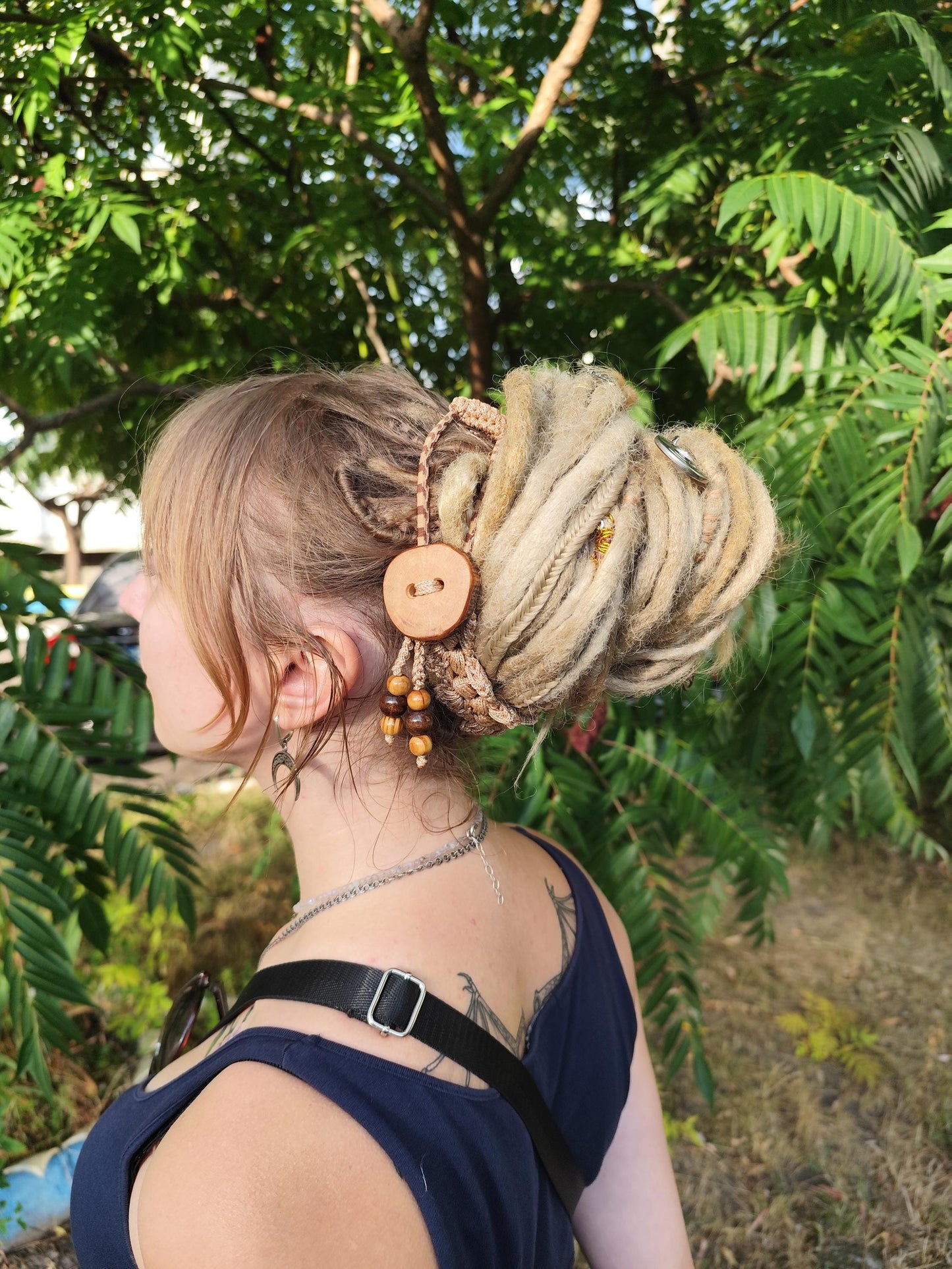 Boho Wood Hair Tie for Bun with Crocheted Lace and Rubber Band